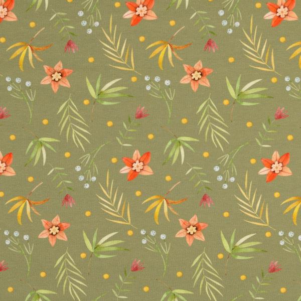 Baumwoll Jersey Blüten und Blätter auf Khaki